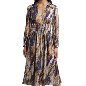 Julia Jordan Blue and Green Pleated Midi Dress with Bishop Sleeves